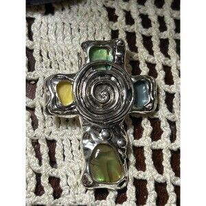 Silver Abalone Metal Spiral Cross Pendant w/Scroll Design